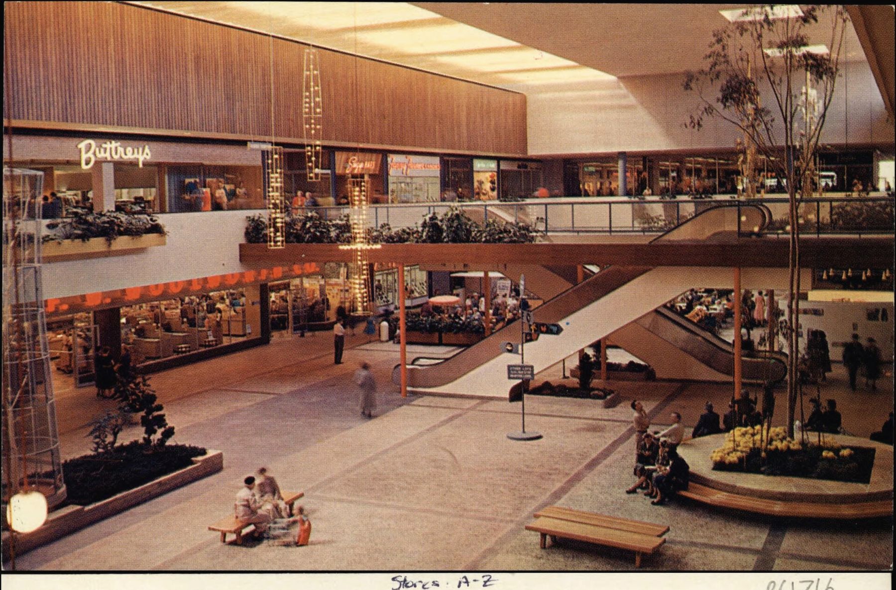 Southdale, late 1950s: The Garden Court of Southdale Center in Edina, Minnesota, on a period postcard. Victor Gruen’s mall opened on 8 October 1956, fully enclosed and climate-controlled.