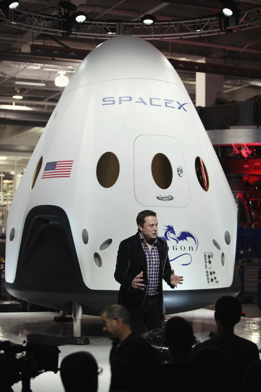 29 May 2014: Elon Musk unveils SpaceX’s Dragon V2 capsule in Hawthorne, California.